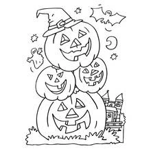 Disegno Pila di zucche di Halloween con cappello da strega da colorare