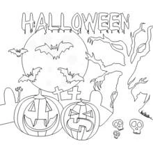 Disegno Zucche di Halloween sotto una luna piena di pipistrelli da colorare