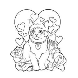 Disegno Gatto seduto tra cuori e rose da colorare