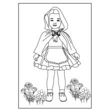 Disegno Cappuccetto Rosso in piedi tra i fiori da colorare