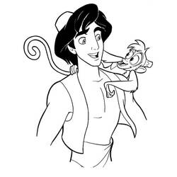 Disegno Aladdin sorridente con Jabu la scimmia sulla spalla da colorare
