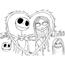 Disegno Jack Skellington e Sally in una cornice a forma di cuore da colorare