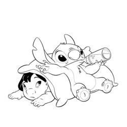 Disegno Lilo e Stitch sdraiati mentre giocano da colorare