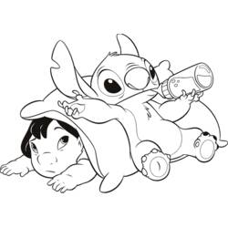 Disegno Stitch sdraiato su Lilo con un biberon da colorare
