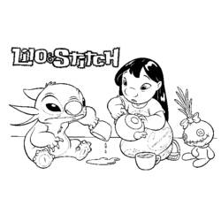 Disegno Lilo e Stitch fanno merenda con il tè da colorare