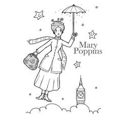 Disegno Mary Poppins tra nuvole con Big Ben da colorare