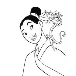 Disegno Mulan sorridente con Mushu sulla spalla da colorare Disegno Mulan sorridente con Mushu sulla spalla da colorare