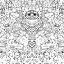 Disegno Mandala di gufo circondato da foglie da colorare Disegno Mandala di gufo circondato da foglie da colorare