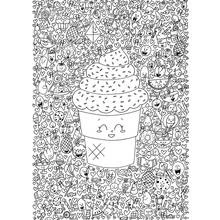 Disegno Cupcake kawaii circondato da dolci e cuori da colorare Disegno Cupcake kawaii circondato da dolci e cuori da colorare