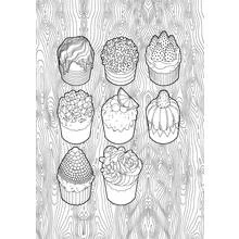 Disegno Otto cupcake decorati su sfondo di legno da colorare Disegno Otto cupcake decorati su sfondo di legno da colorare