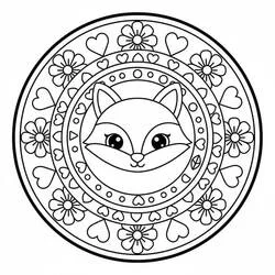 Disegno Mandala della Volpe con cuori e fiori da colorare Disegno Mandala della Volpe con cuori e fiori da colorare