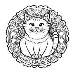 Disegno Gatto seduto davanti a un mandala floreale da colorare