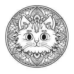 Disegno Mandala di gatto con bordo floreale dettagliato da colorare