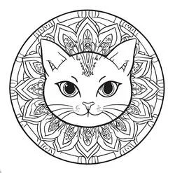 Disegno Volto di gatto al centro di un mandala floreale da colorare