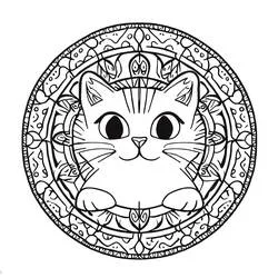 Disegno Mandala di gatto con cornice circolare decorata da colorare