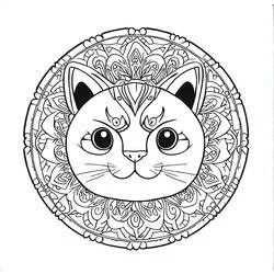 Disegno Mandala di gatto con cornice circolare decorata da colorare