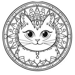 Disegno Mandala di Gatti con cornice circolare decorativa da colorare