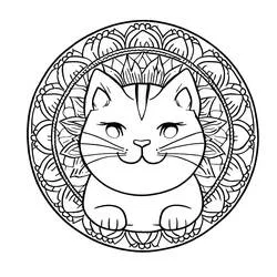 Disegno Mandala di gatto in cornice floreale circolare da colorare