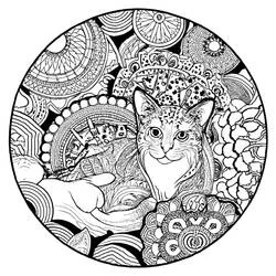 Disegno Mandala di gatti con volto tigrato nel cerchio da colorare
