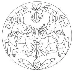Disegno Mandala con conigli che tengono uova decorate da colorare Disegno Mandala con conigli che tengono uova decorate da colorare