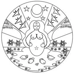 Disegno Mandala di primavera con donna, uccelli e luna da colorare