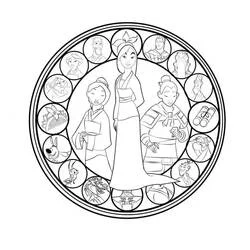 Disegno Mandala di Mulan con i suoi personaggi da colorare