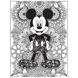 Disegno Mickey Mouse in piedi davanti a un mandala da colorare