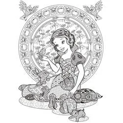Disegno Biancaneve circondata da animali in un mandala da colorare