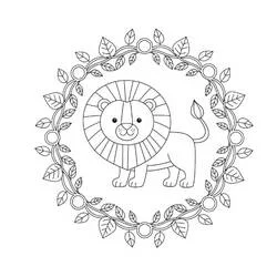Disegno Mandala del leone con corona di foglie da colorare