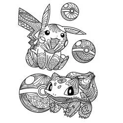 Disegno Pikachu e Bulbasaur in stile mandala con Poké Ball da colorare