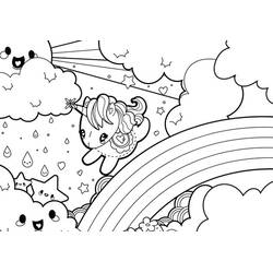 Disegno Arcobaleno con un unicorno kawaii e nuvole da colorare