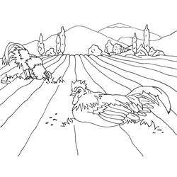 Disegno Gallo e gallina in un campo arato da colorare Disegno Gallo e gallina in un campo arato da colorare