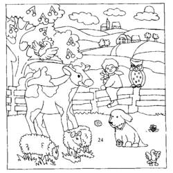 Disegno Scena di campagna con animali e un bambino sulla staccionata da colorare Disegno Scena di campagna con animali e un bambino sulla staccionata da colorare
