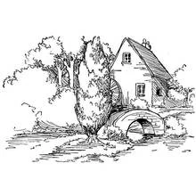 Disegno Vecchio mulino ad acqua vicino a un ponte di pietra da colorare Disegno Vecchio mulino ad acqua vicino a un ponte di pietra da colorare
