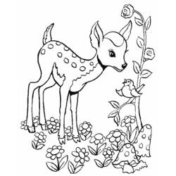Disegno Cerbiatto tra i fiori con un uccellino da colorare Disegno Cerbiatto tra i fiori con un uccellino da colorare