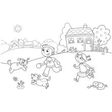 Disegno Bambini che giocano all'aperto con i loro cani da colorare Disegno Bambini che giocano all'aperto con i loro cani da colorare