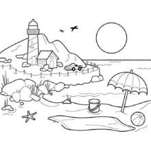 Disegno Faro e scena di spiaggia con ombrellone e palla da colorare Disegno Faro e scena di spiaggia con ombrellone e palla da colorare