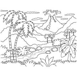 Disegno Vulcano in eruzione sopra un'isola tropicale da colorare