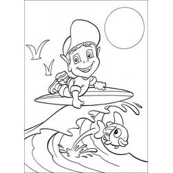 Disegno Adiboo che surfa un'onda con un pesce da colorare
