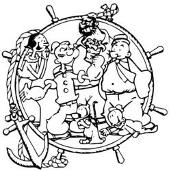 Disegno Braccio di Ferro e amici dentro una ruota del timone da colorare Disegno Braccio di Ferro e amici dentro una ruota del timone da colorare