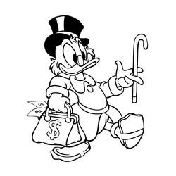 Disegno Scrooge McDuck cammina con bastone e sacco di monete da colorare
