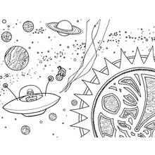 Disegno Extraterrestre alla guida di un'astronave tra i pianeti da colorare