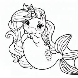Disegno Unicorno Sirena con criniera ondulata e coda di pesce da colorare Disegno Unicorno Sirena con criniera ondulata e coda di pesce da colorare