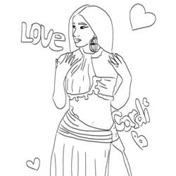 Disegno Cardi B in posa tra cuori e la scritta love da colorare