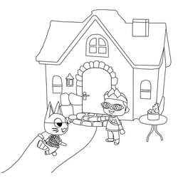 Disegno Animal Crossing personaggio e gatto davanti a una casa da colorare