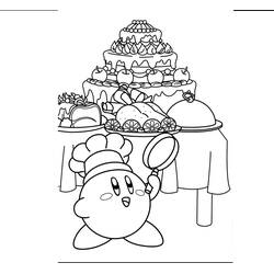 Disegno Kirby cuoco davanti a una tavola imbandita da colorare